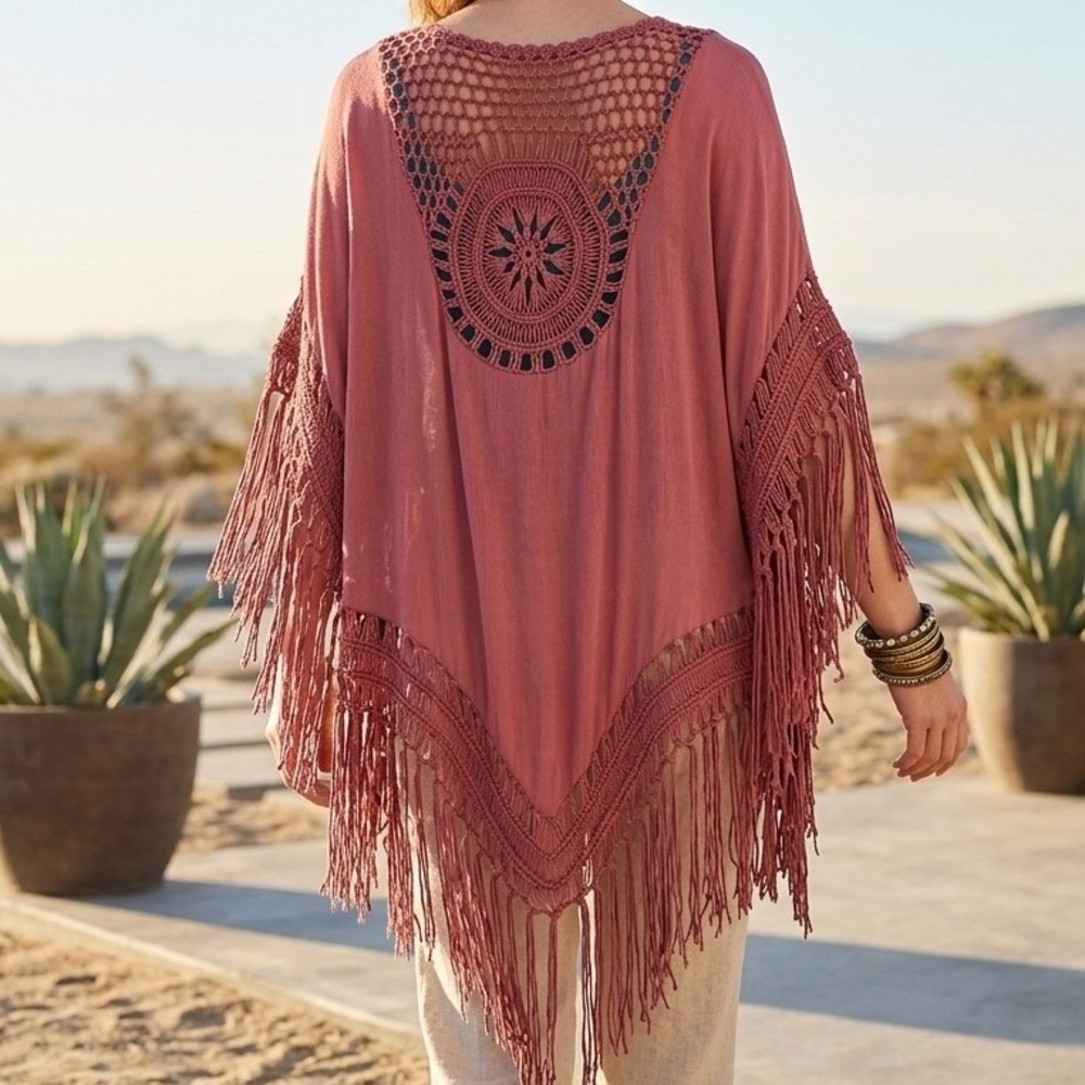 Everleigh Womens Rosewood Crochet Back Fringe Kimono Wrap Cardigan Small Boho